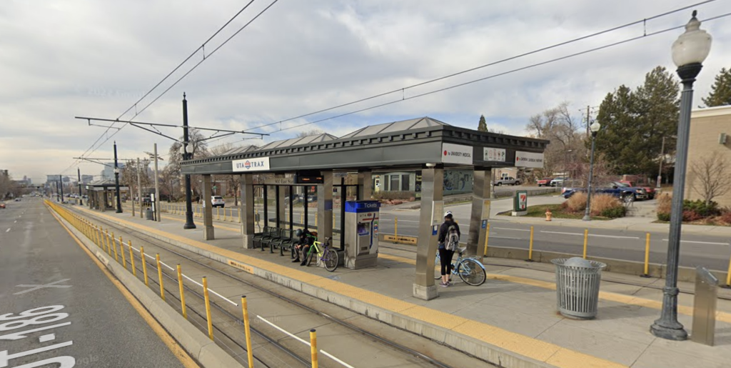 Passengers waiting to board at the 900 East light rail station.